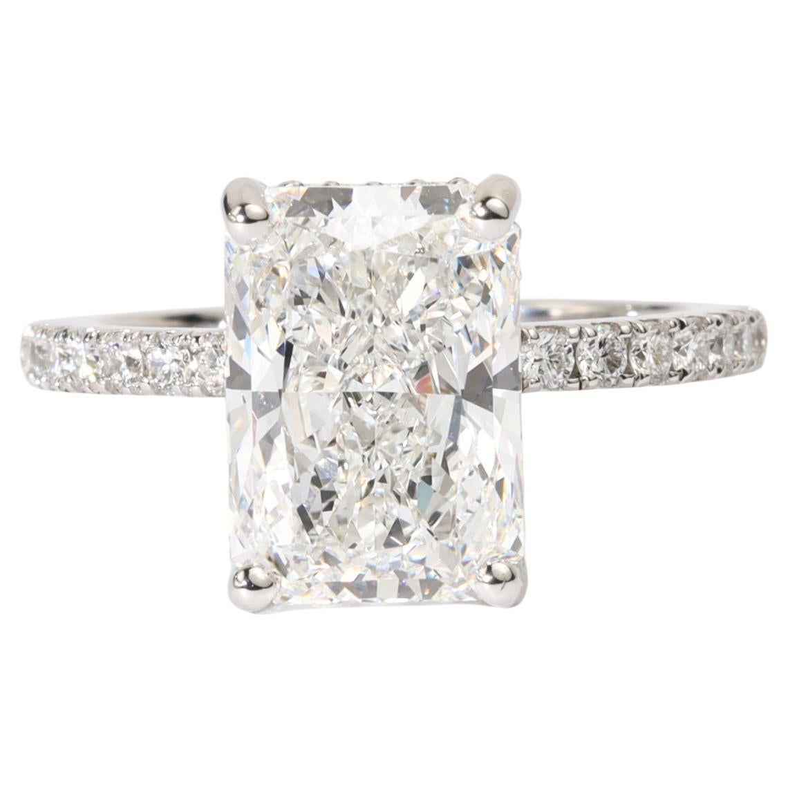 GIA Certified 4.1ct Radiant-Cut Diamond Hidden Halo Engagement Ring in 18K Gold For Sale