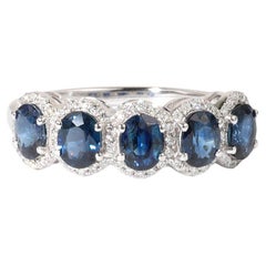 2.2ct Natural Oval Blue Sapphire & Diamond Five-Stone Halo Ring in 18K WhiteGold
