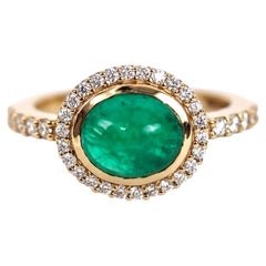 2.24ct Oval Emerald Cabochon and Natural Diamond Halo Ring in 18K Yellow Gold