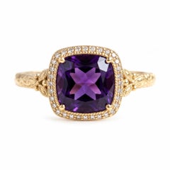 2.10ct Amethyst and Natural Diamond Filigree Halo Ring in 18K Yellow Gold