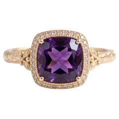 2.10ct Amethyst and Natural Diamond Filigree Halo Ring in 18K Yellow Gold