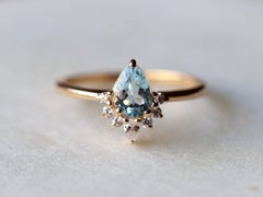 Pear Aquamarine and Natural Diamond Floral Ring in 18K Yellow Gold