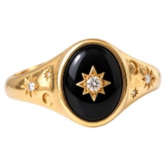 IGI Certified Black Onyx Celestial Diamond Signet Ring in 18K Yellow Gold