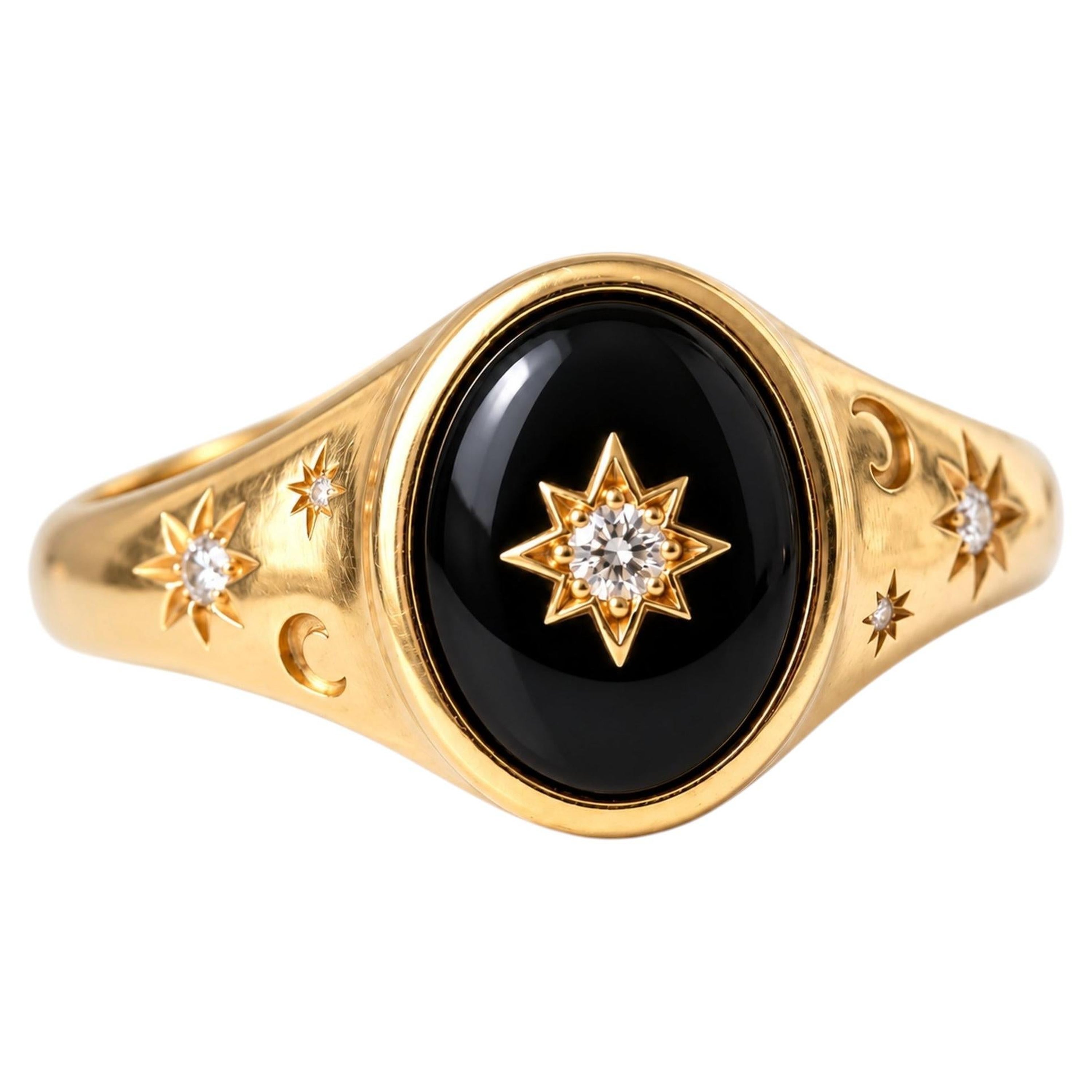 IGI-zertifizierter Siegelring mit schwarzem Onyx und „Celestial Diamond“ aus 18-karätigem Gelbgold