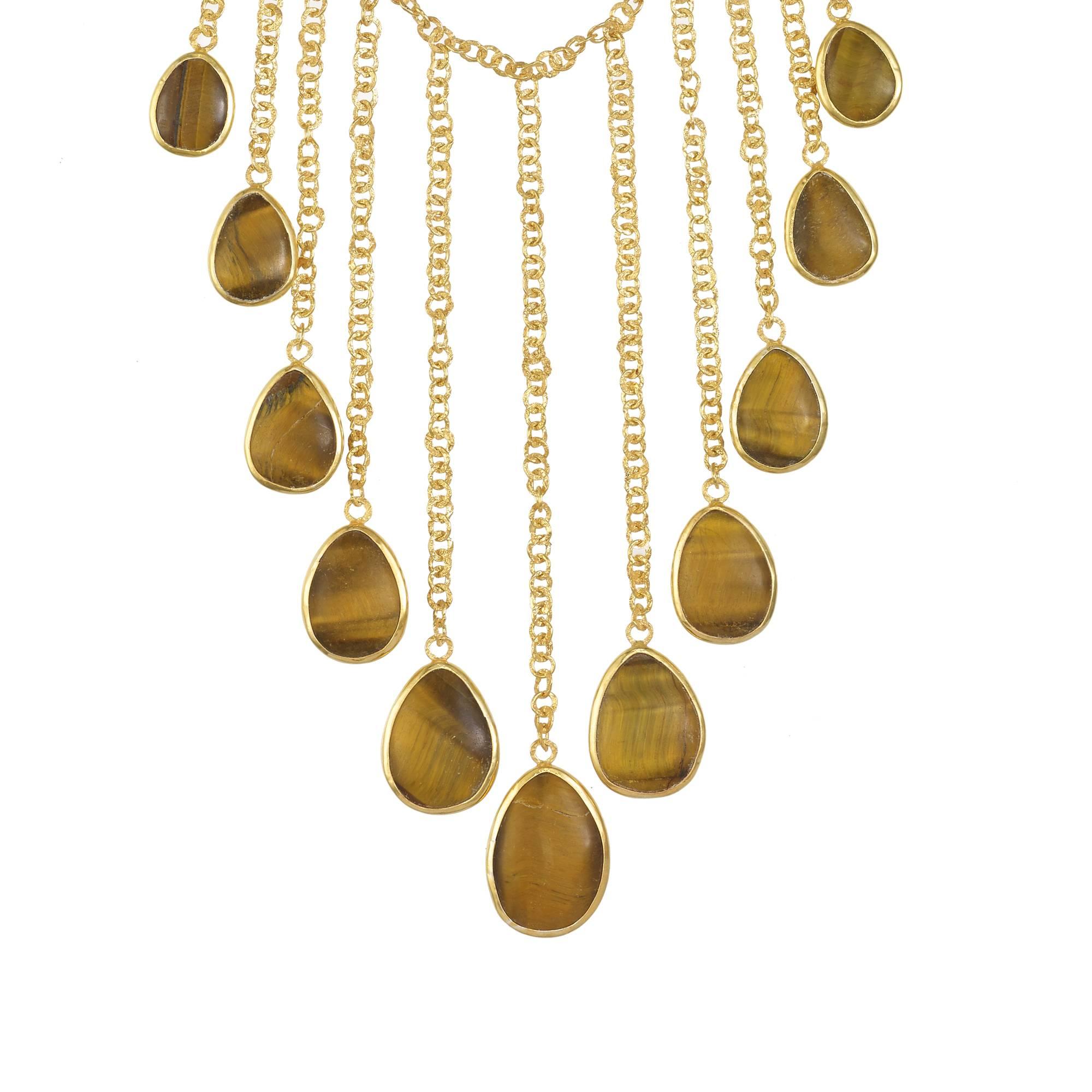 Women's Pippa Small Qatra Tiger's Eye Gold Plate Artisan Drop Necklace For Sale