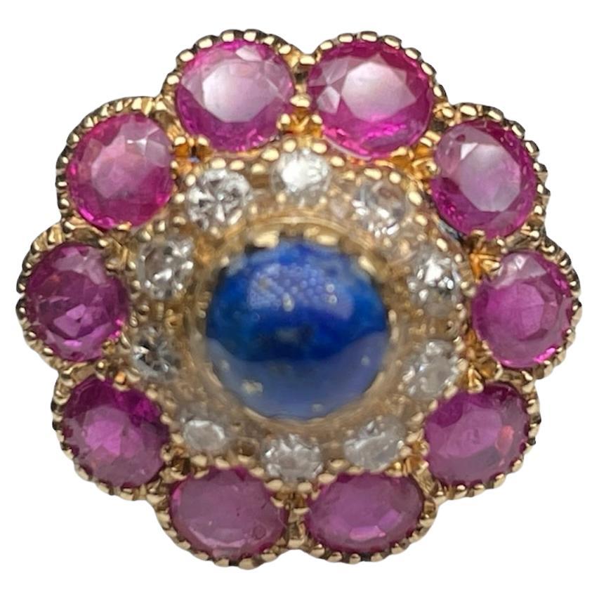 18k Yellow Gold Diamonds, Lapis Lazuli and Rubies Cocktail Ring For Sale