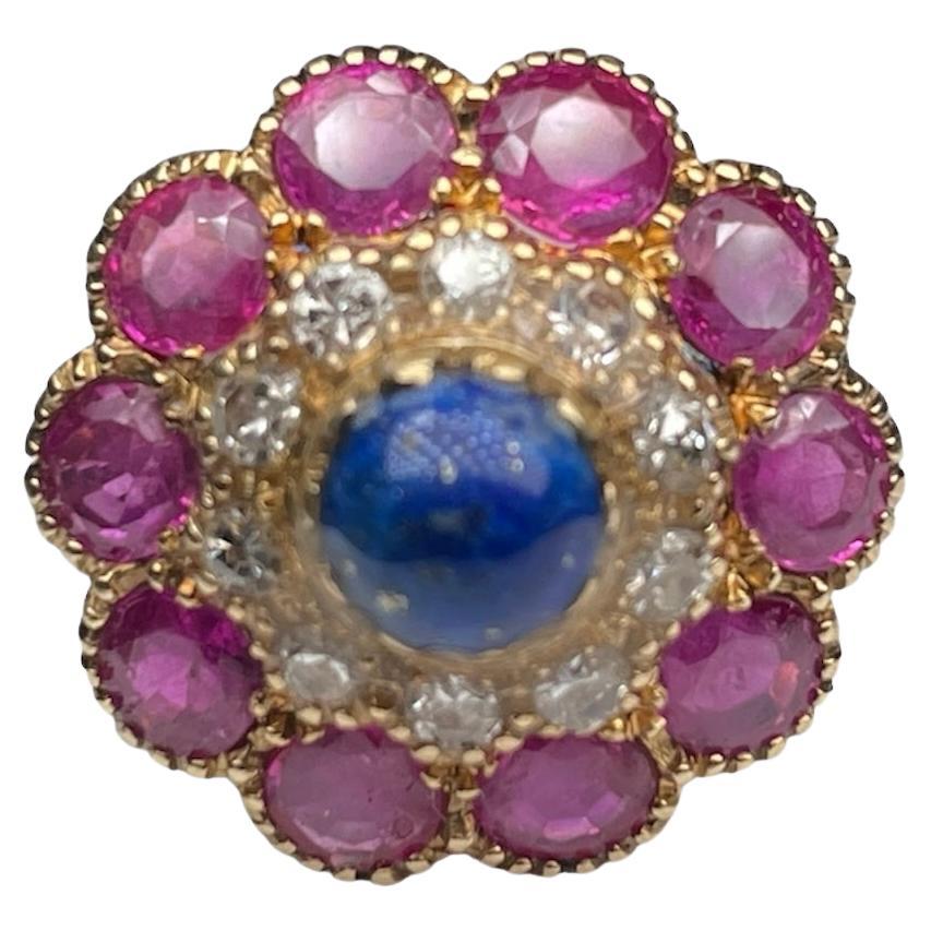 Cocktail-Ring aus 18 Karat Gelbgold mit Diamanten, Lapislazuli und Rubinen