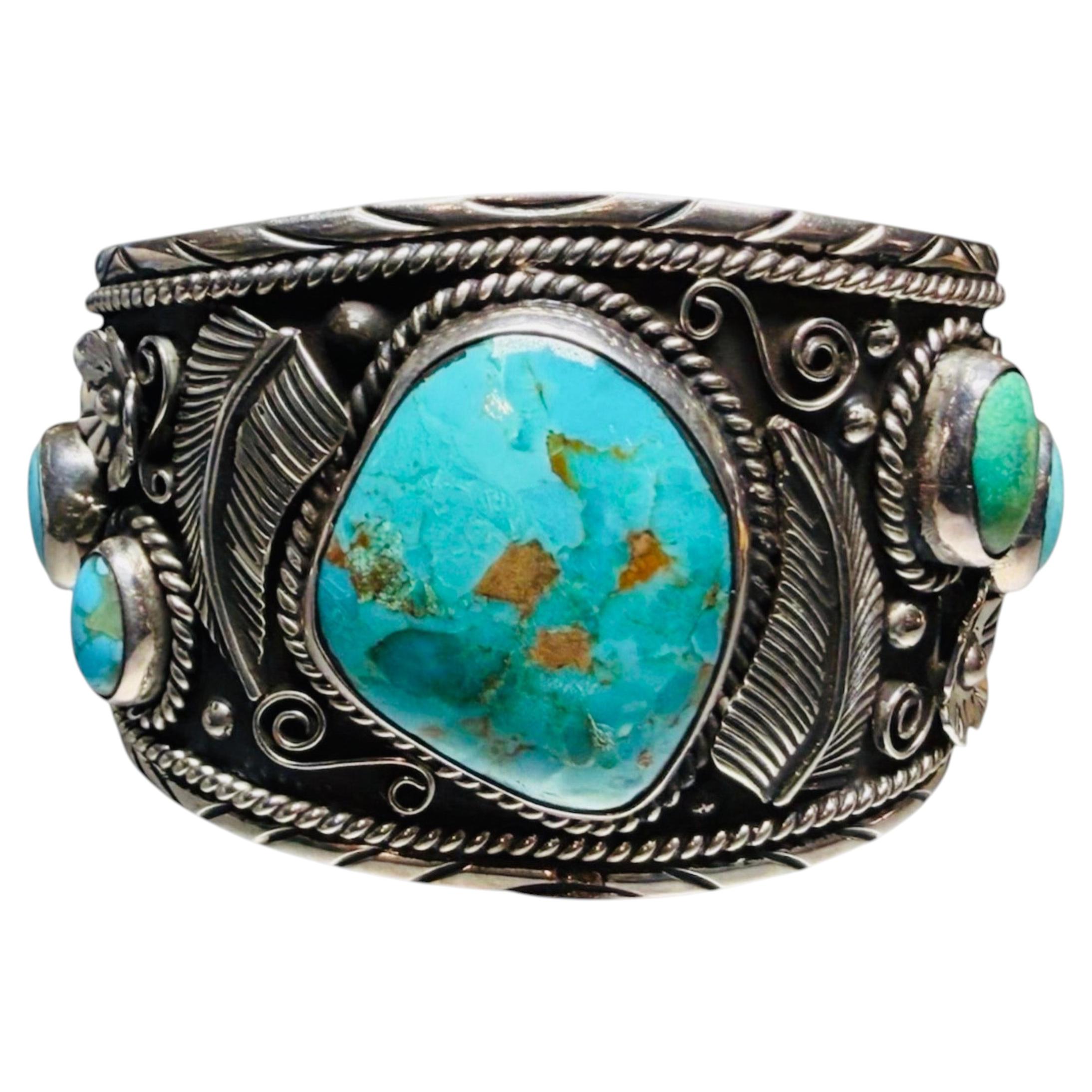Taxco Mexico Sterling Silver Turquoise Cuff For Sale