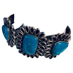 Bracelet manchette amérindien en argent massif et turquoise