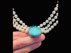 14K White Gold Pearls, Diamonds and Larimar Stone Necklace