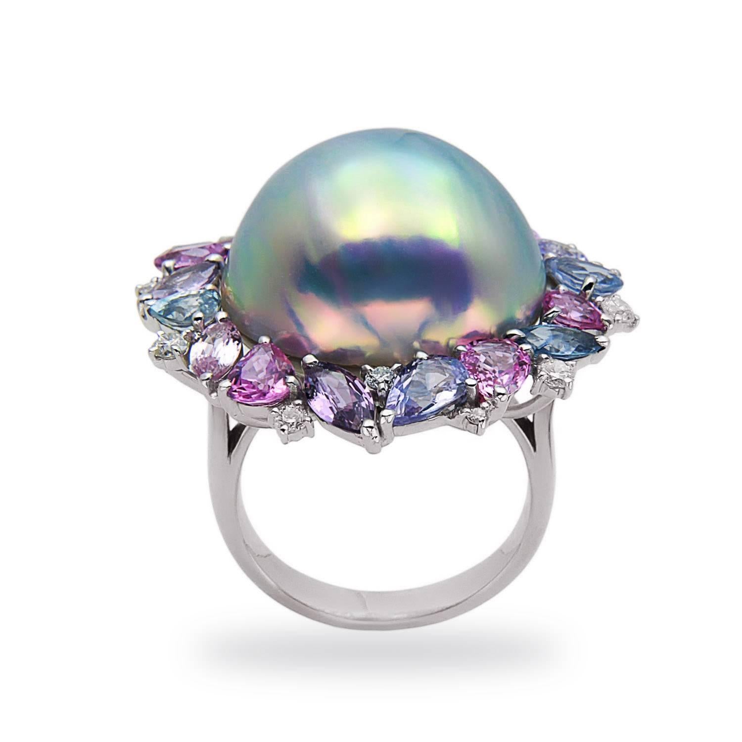 Contemporary Mabe Pearl, Diamond and Sapphire White Gold Ring