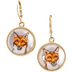 Hand Painted Crystal Gold Fox Head Earrings