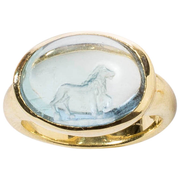 Aquamarine Lion Intaglio Ring