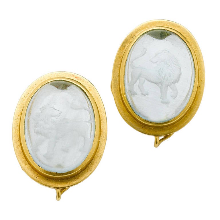 Aquamarine Lion Intaglio Gold Earrings