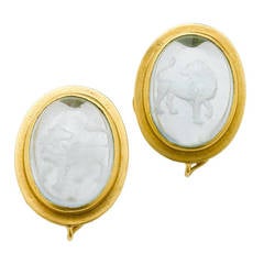 Aquamarine Lion Intaglio Gold Earrings