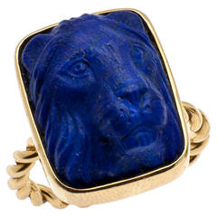 Handsome Carved Lapis Lazuli Lions Head Cocktail Ring