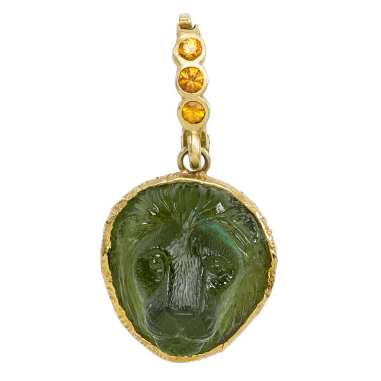 Regal Green Tourmaline Carved Lion Pendant