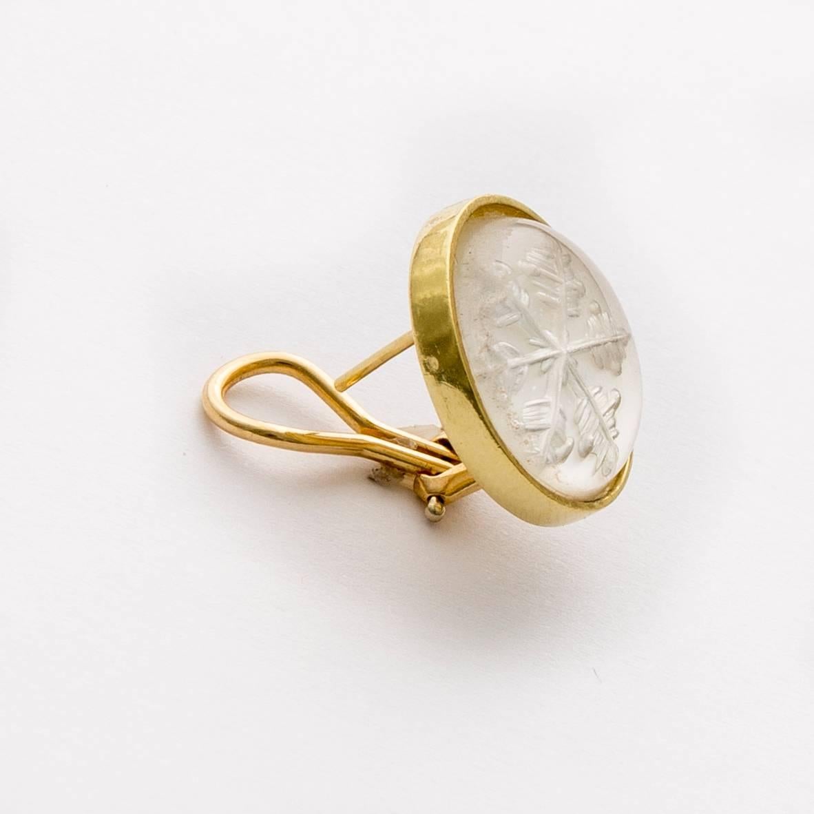 Contemporary  Snowflake Quartz Intaglio Gold Earrings