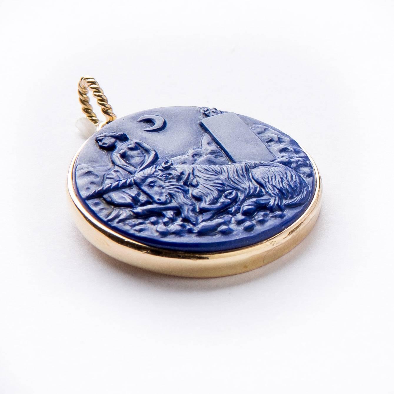 Beautifully hand carved in lapis lazuli re-creation, in high relief, of Pisanello's medal of a young woman, unicorn, crescent moon and convent tower. Italian portrait from the 14th century portraying both innocence and knowledge carries with it the