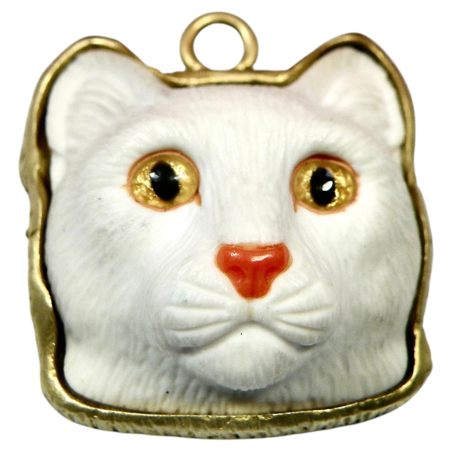 Cat Head Carved Cocolite pendant w 18k bail For Sale
