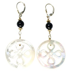 18k drop earring with Mother of Pearl quatrefoil and Blue Sunstone drop