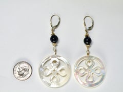 18k drop earring with Mother of Pearl quatrefoil and Blue Sunstone drop
