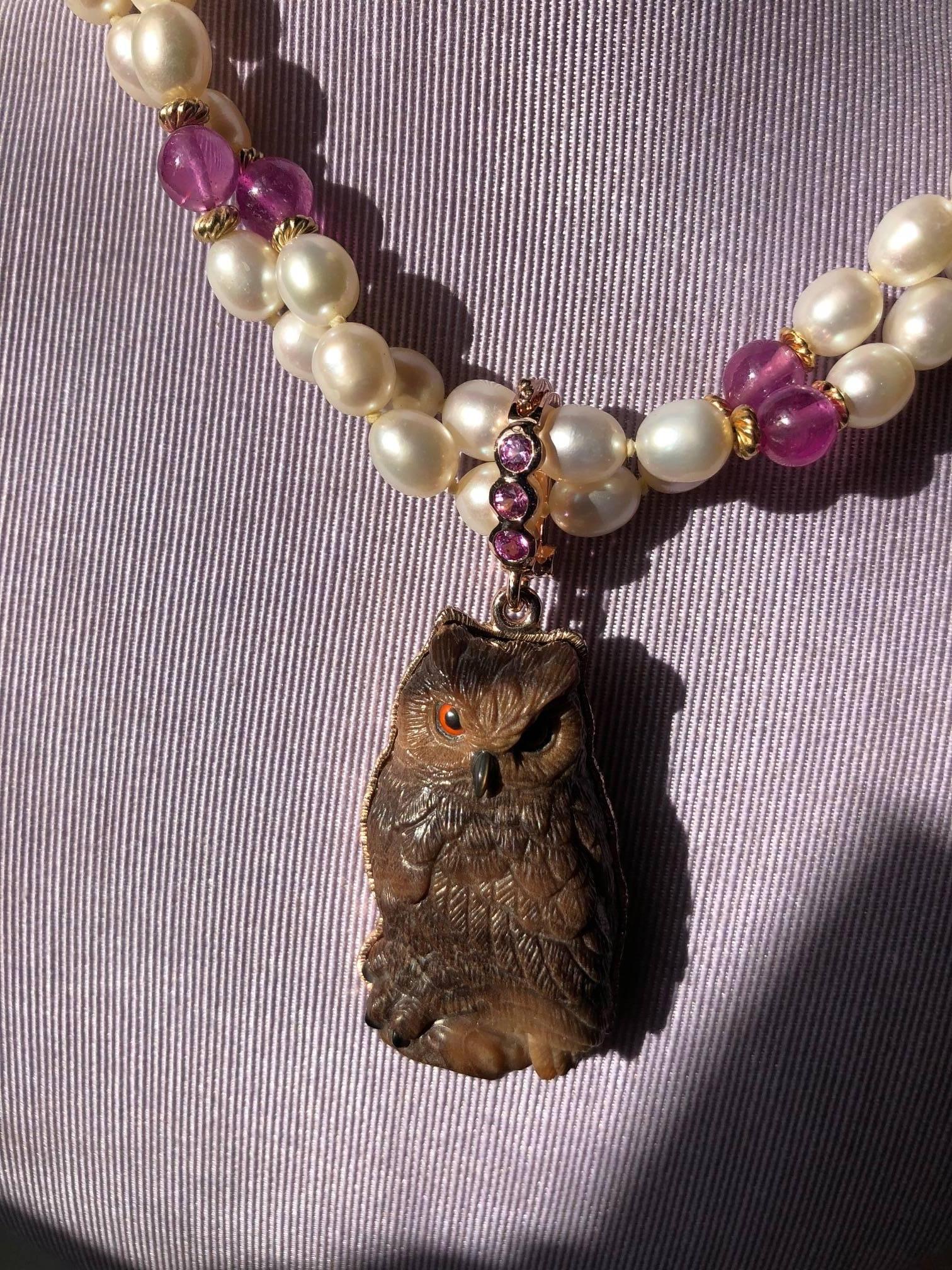 Contemporary Petrified Palm Owl Pendant with Pink Sapphire and Pearl Necklace