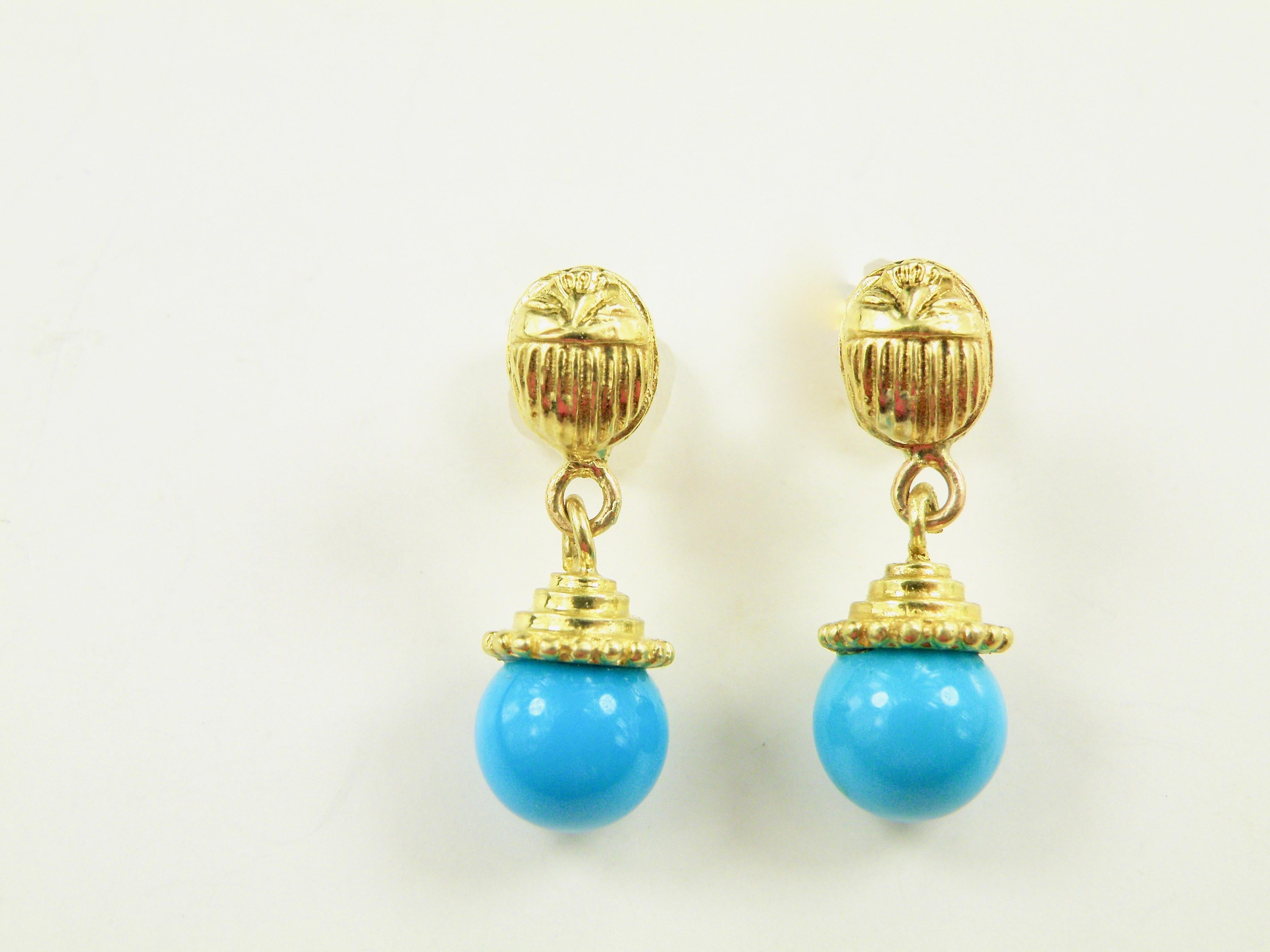 18 Karat Scarab with Turquoise Drop Earrings In New Condition In Cohasset, MA