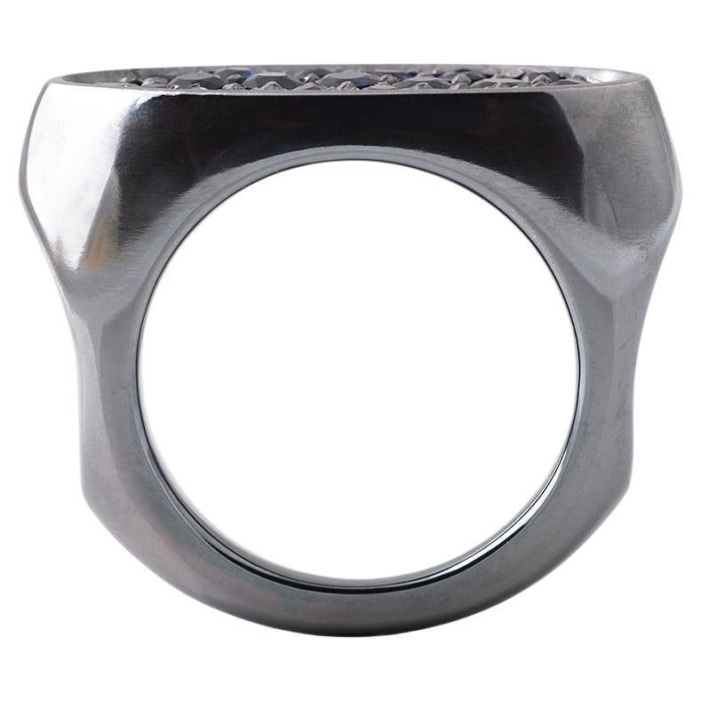 Modern Blackened Sterling Silver Blue Sapphire Men's Ring For Sale