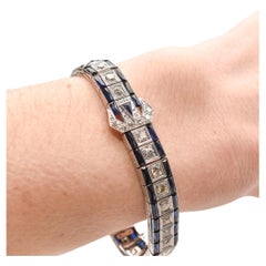 Platinum Diamond & Sapphire Belt Buckle Link Bracelet, Art Deco Style