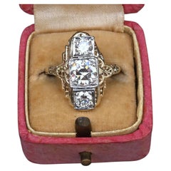 GIA Certified 14K Gold Art Deco Three-Stone Diamond Engagement Ring 2.00 TCW