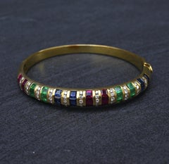 18K Yellow Gold Ruby, Sapphire, Emerald, Diamond Hinged Bangle Bracelet 9.00 TCW