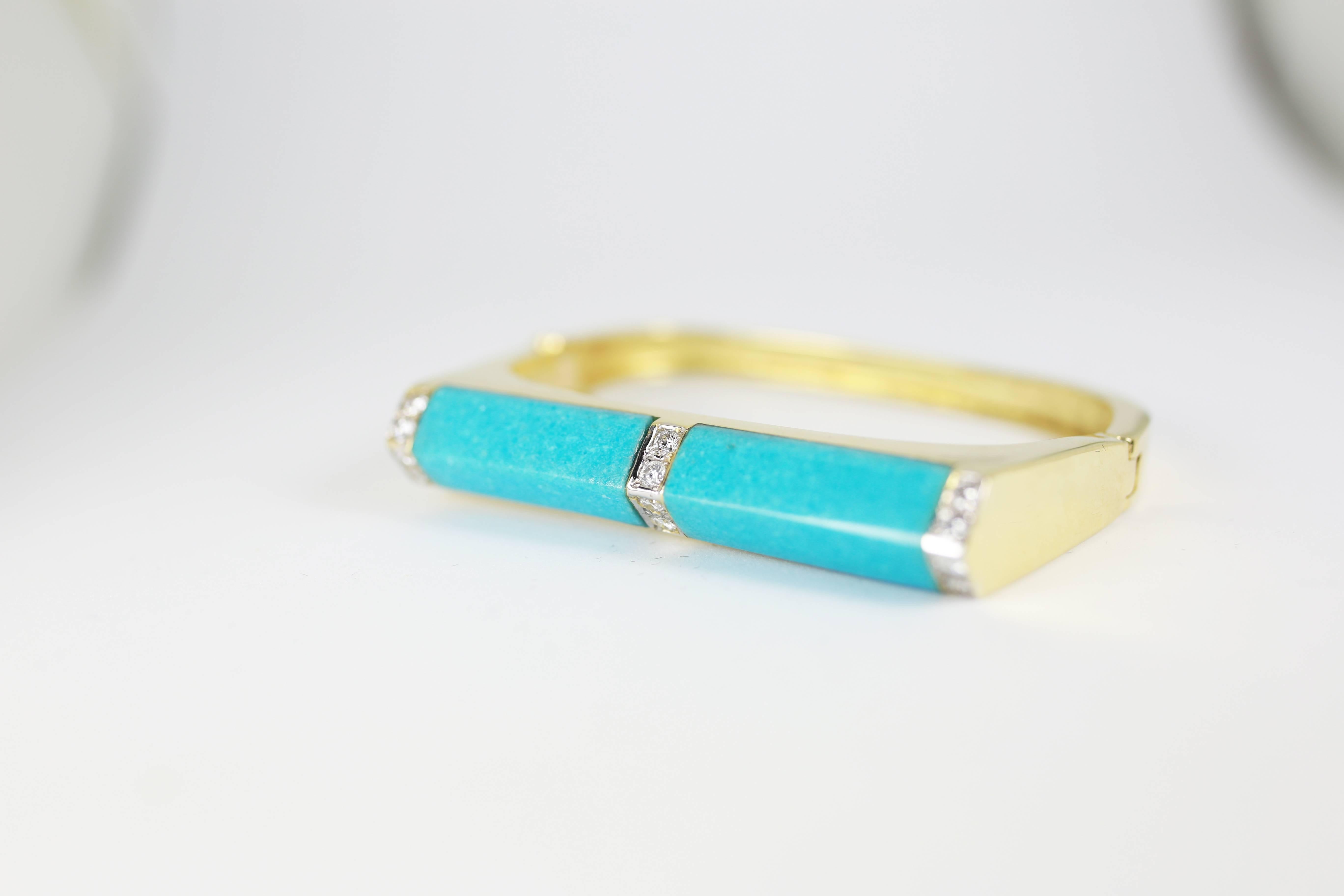 Solid 18K gold cuff inlaid with beautiful natural turquoise and framed with diamonds. Fits a small wrist.