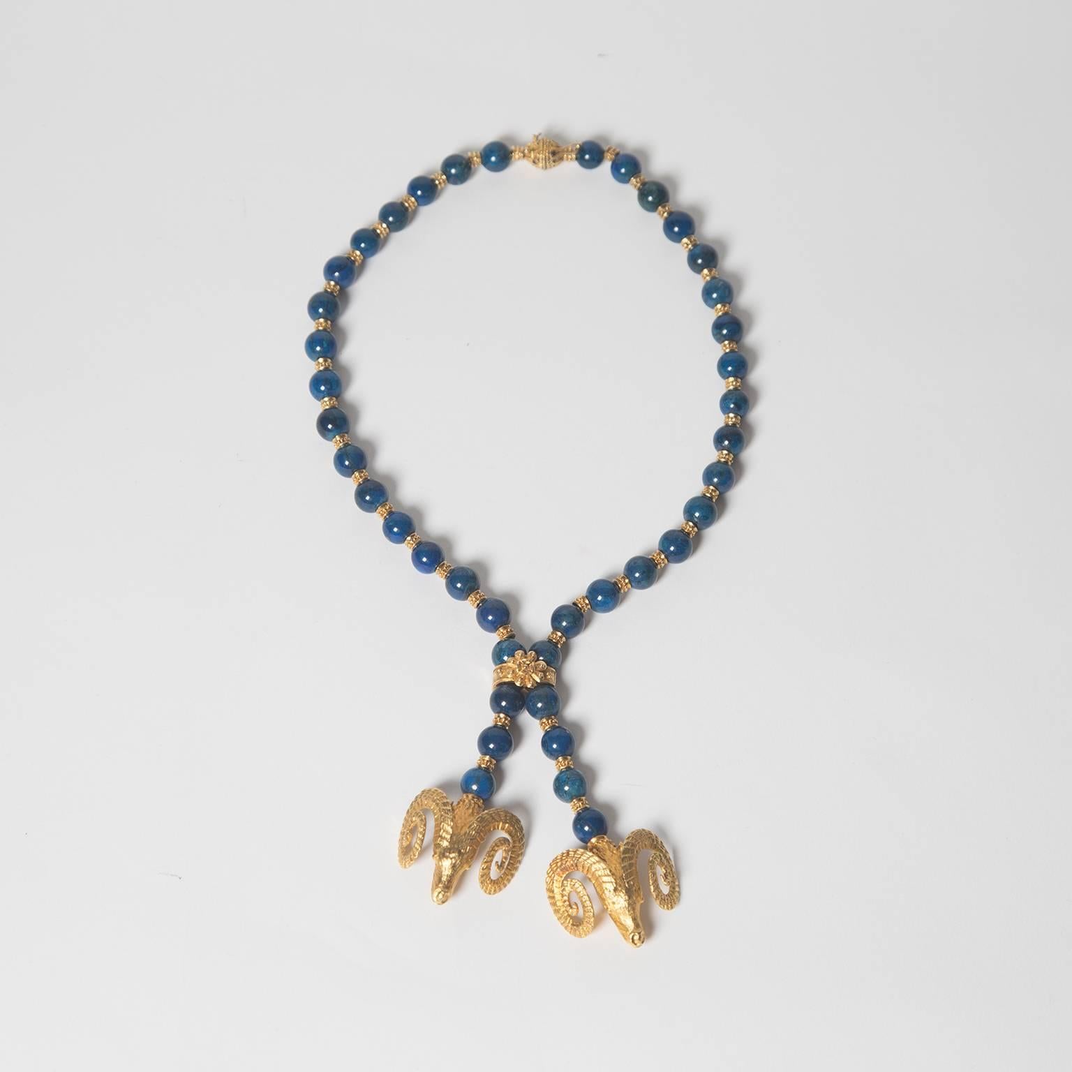 Zolotas Lapis & 18K Gold Rams Head Necklace In New Condition For Sale In Los Angeles, CA