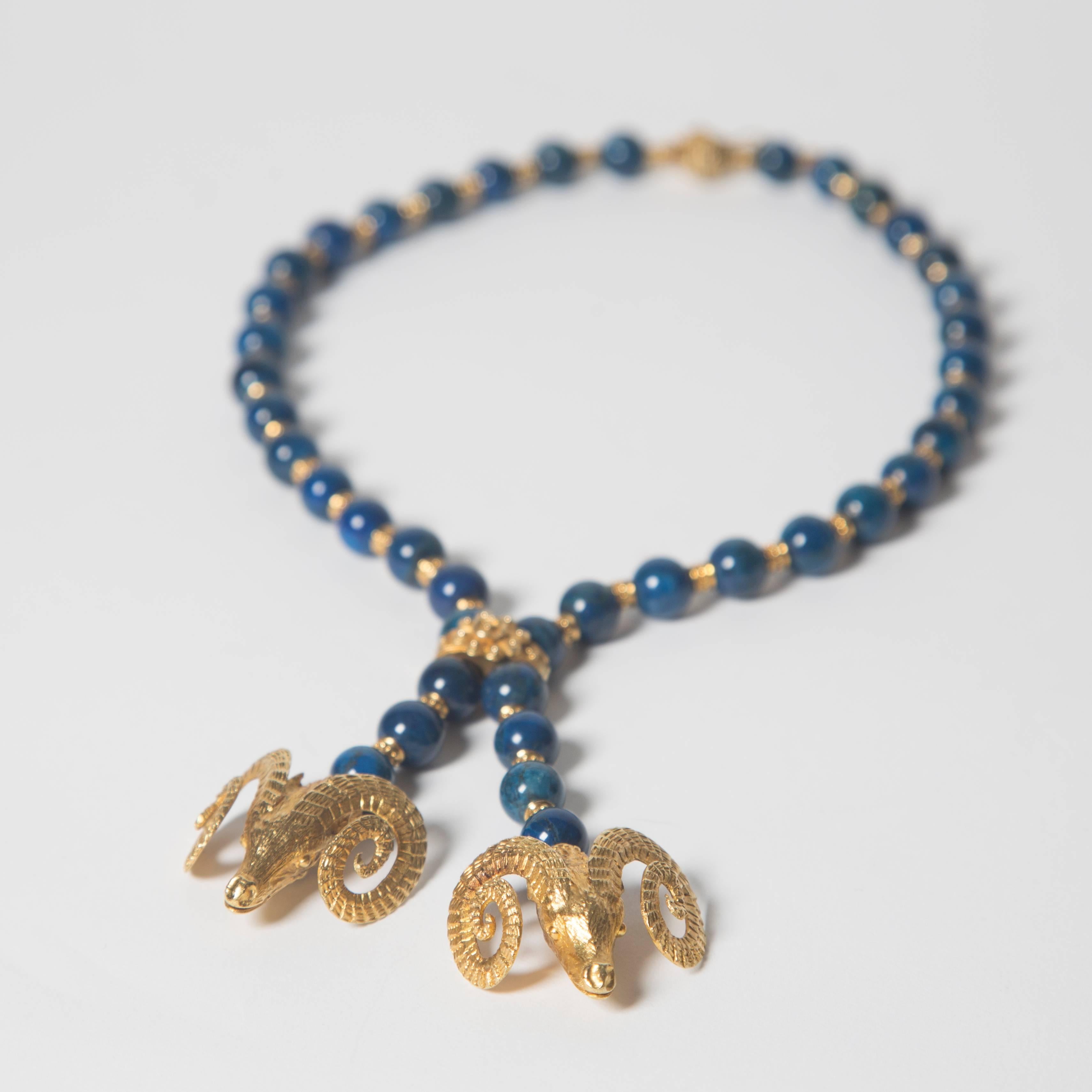 Women's or Men's Zolotas Lapis & 18K Gold Rams Head Necklace For Sale