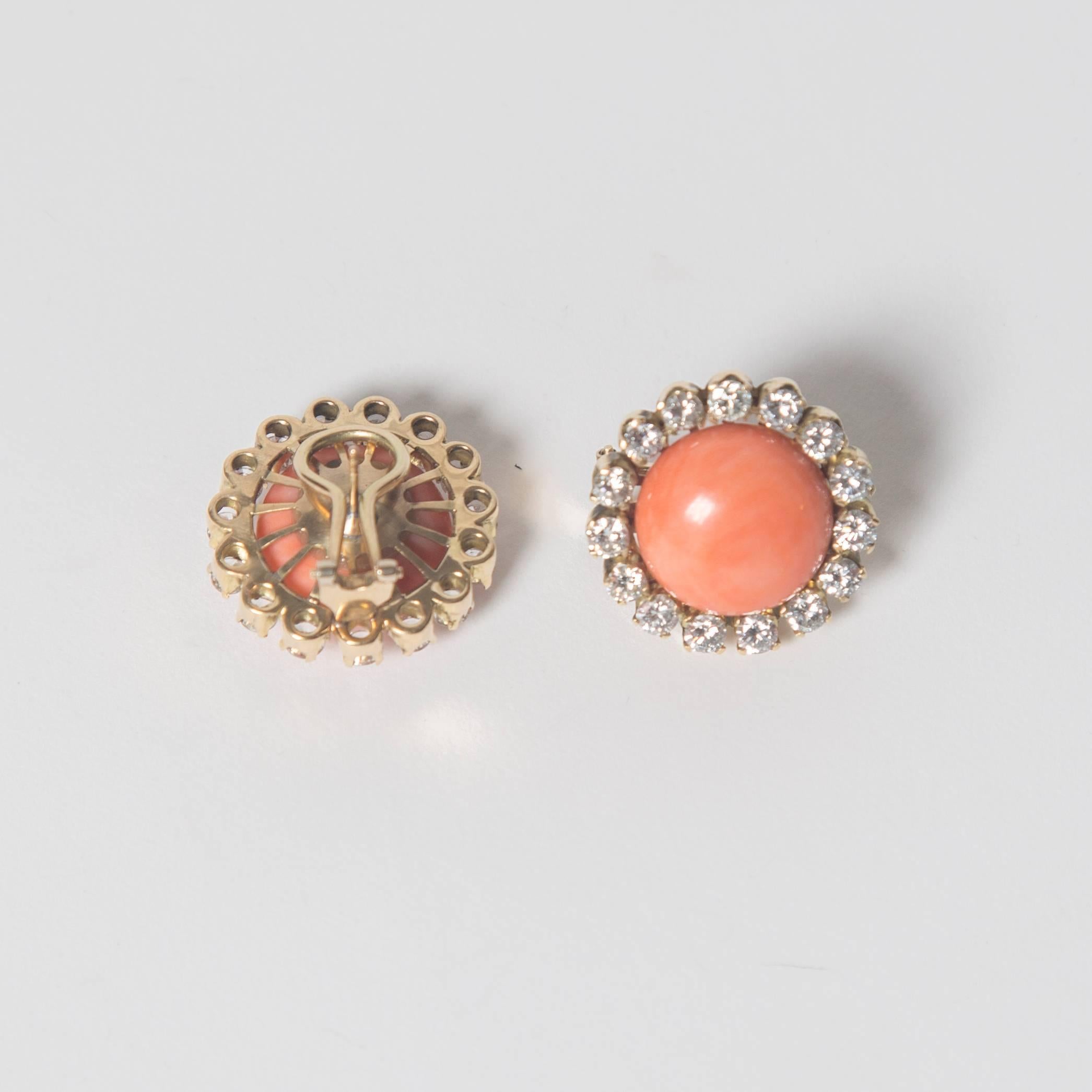 Women's or Men's Diamond and Precious Coral Button Earrings For Sale