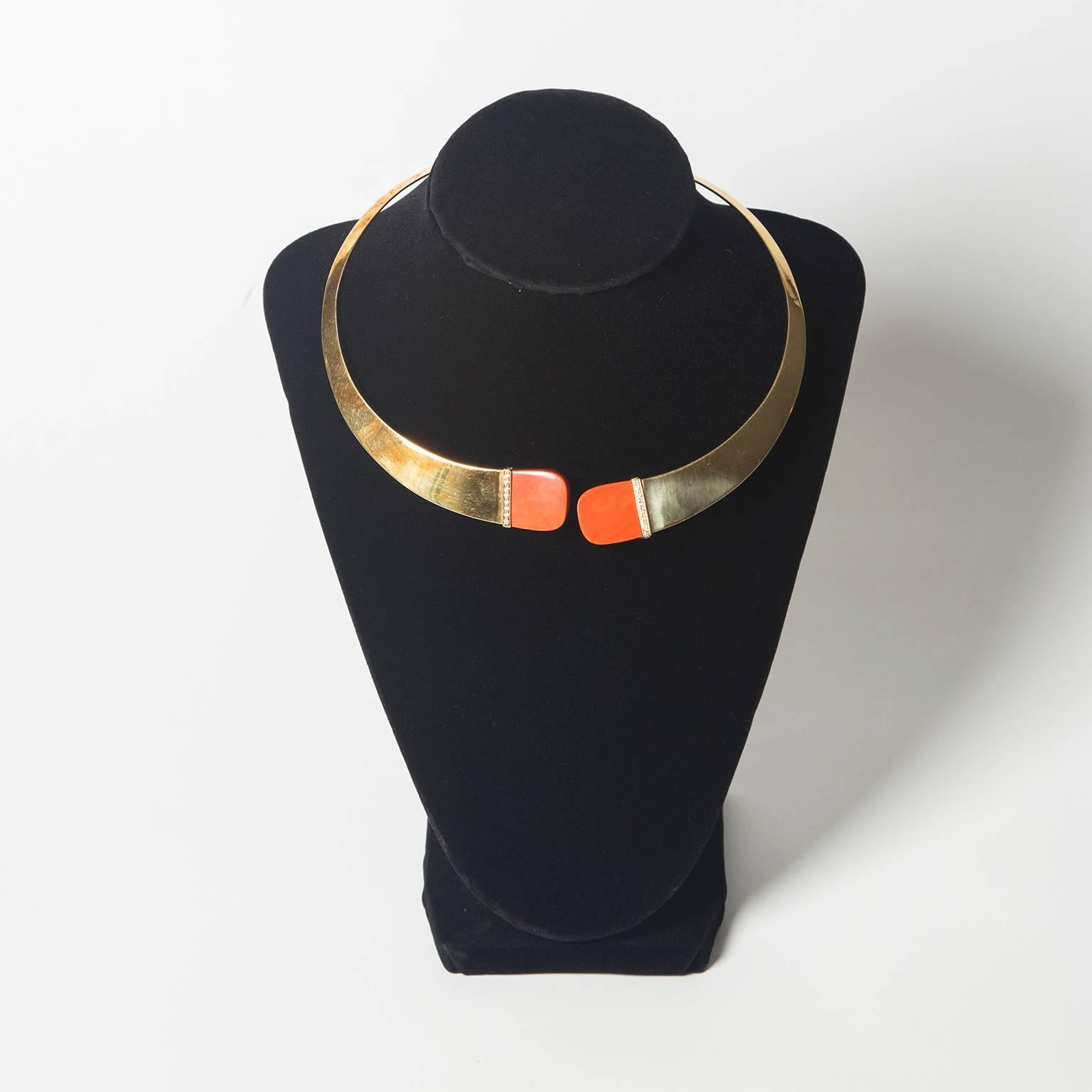 1970's inspired solid 18 karat gold collar necklace with precious coral accents, bordered by a row of perfectly cut diamonds. 