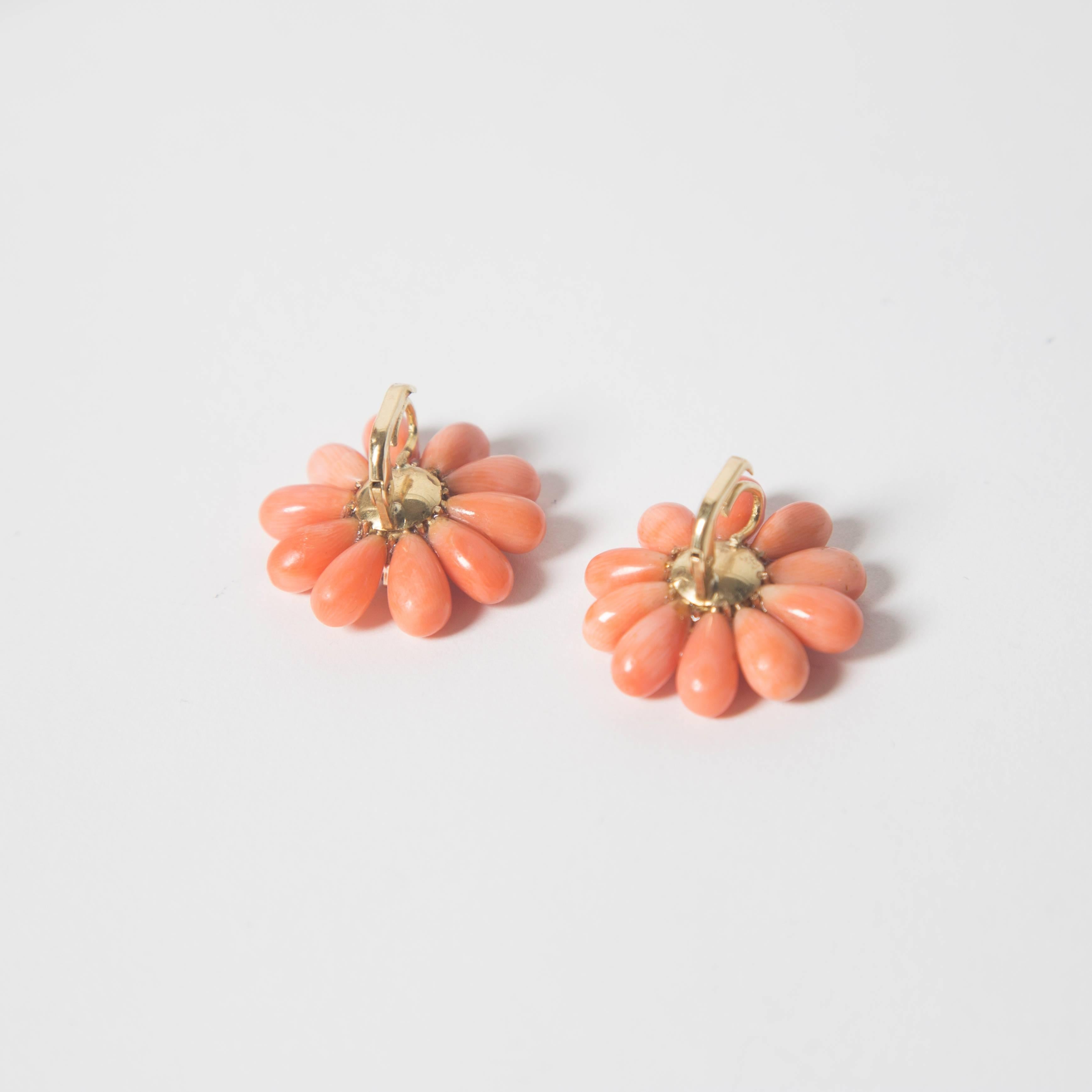 Precious Coral, Sapphire & Diamond Flower Earrings  In New Condition For Sale In Los Angeles, CA