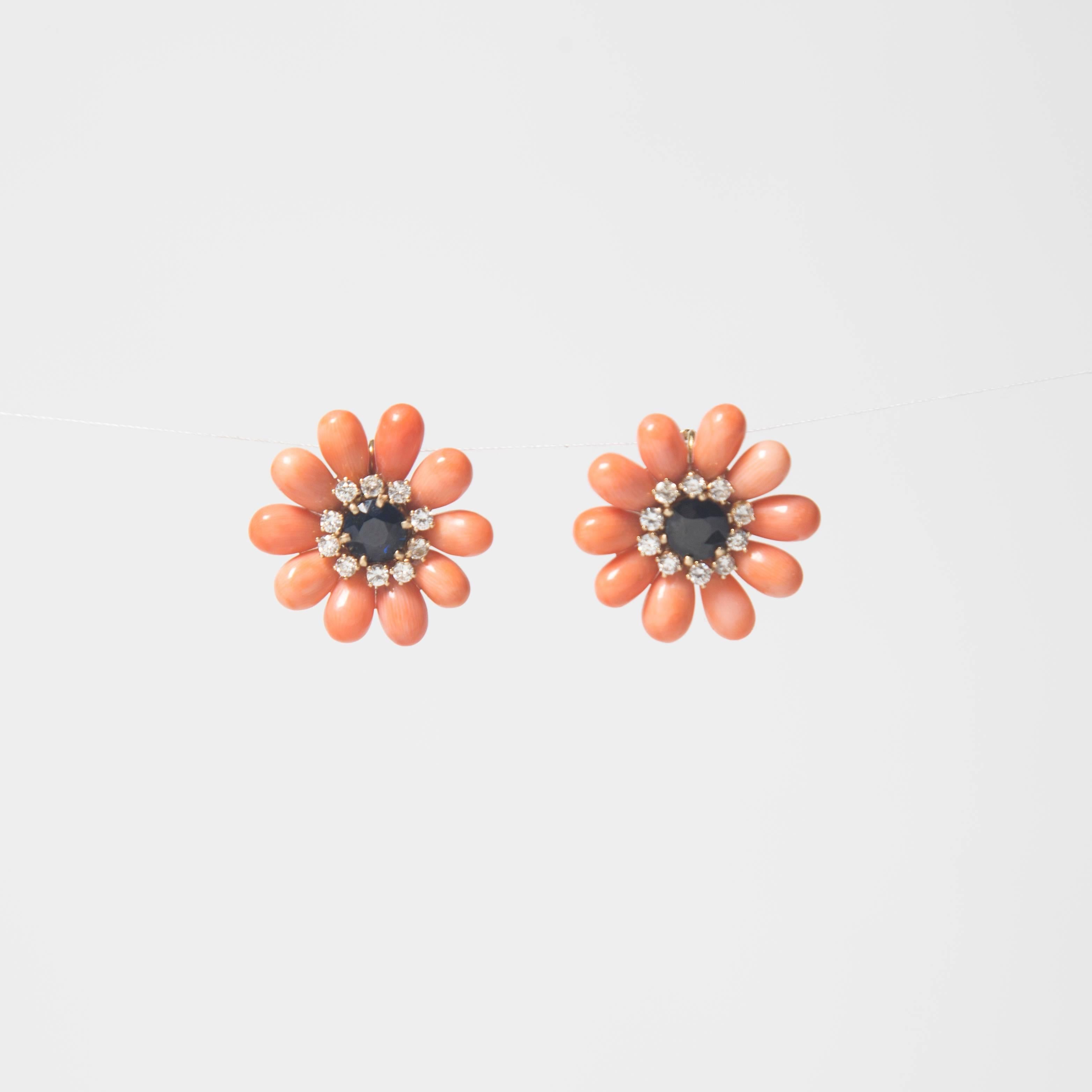 Women's Precious Coral, Sapphire & Diamond Flower Earrings  For Sale