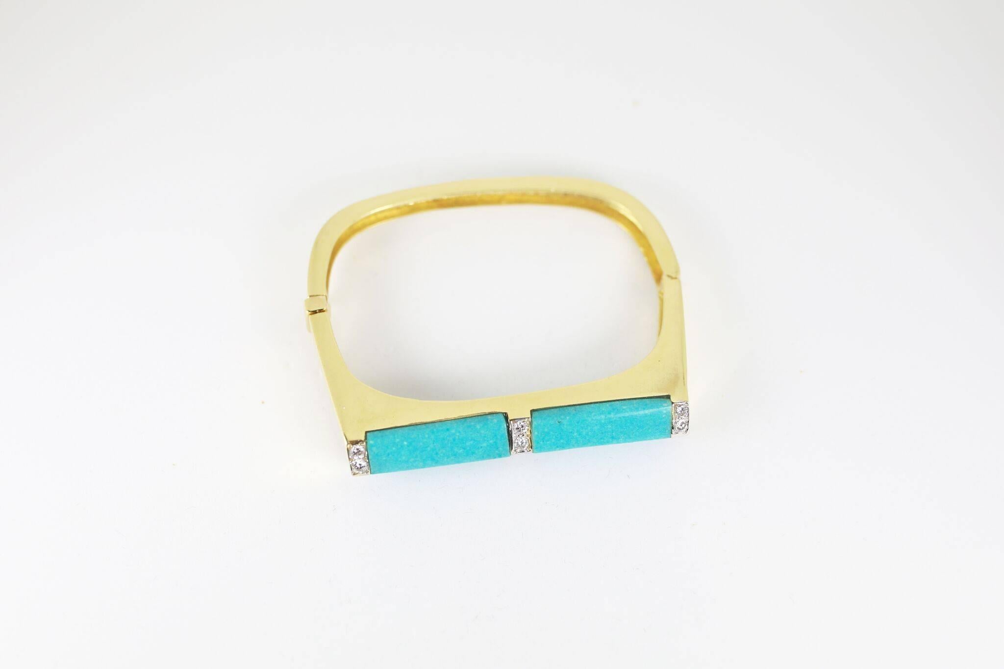 Modern Turquoise and Diamond 18 Karat Gold Cuff For Sale