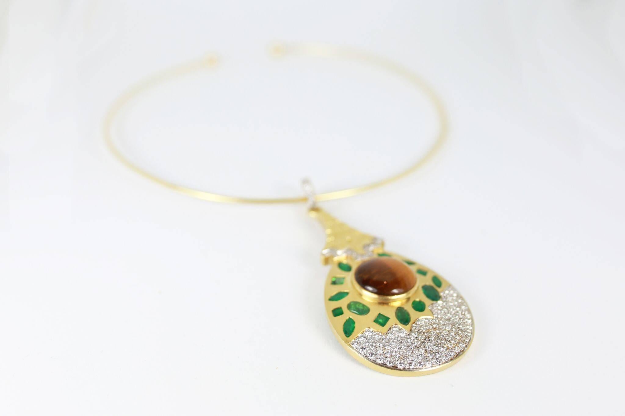 Modernist Tiger's Eye and Emerald Pendant Necklace For Sale