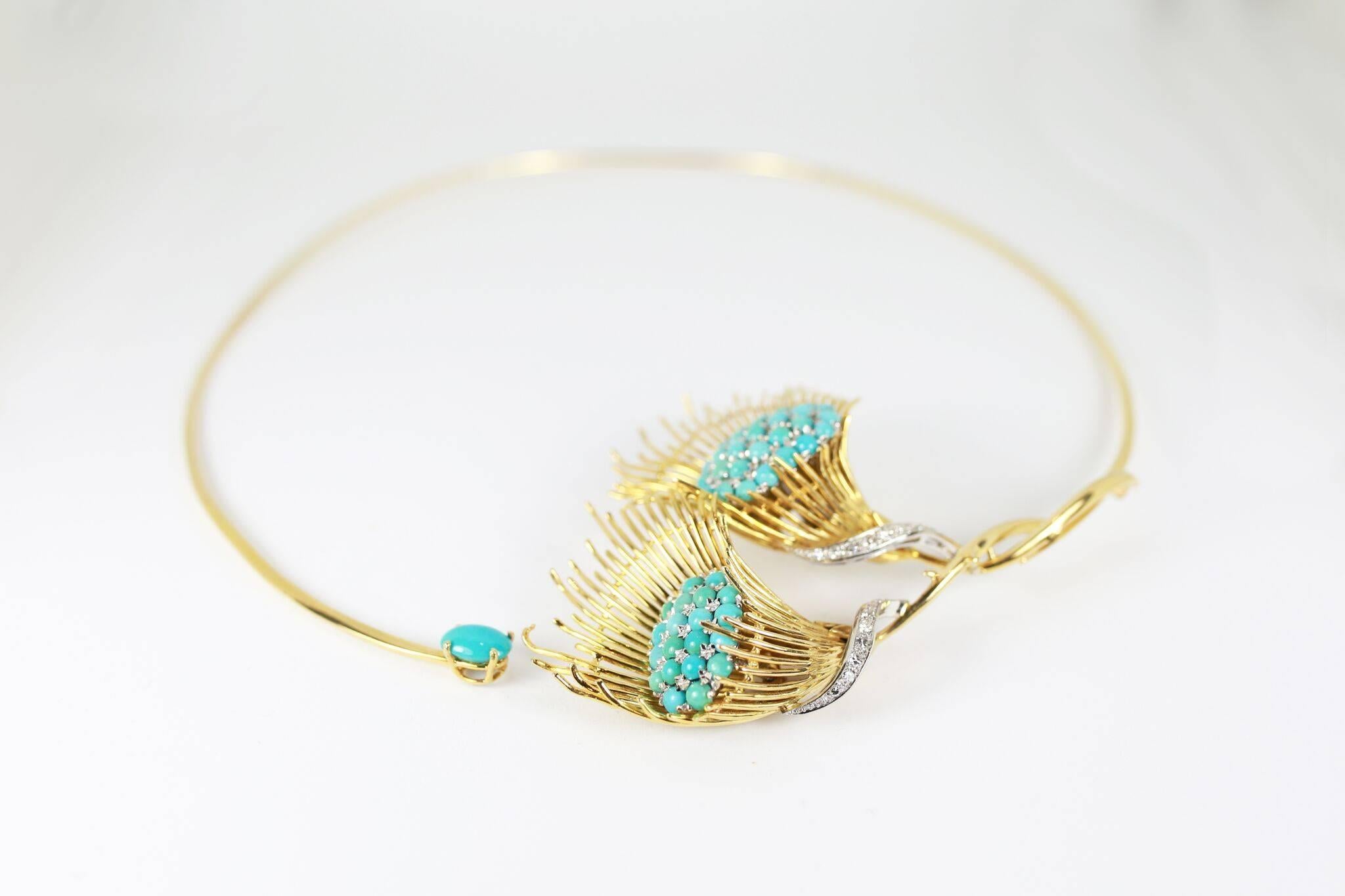 Solid 18K gold turquoise and diamond choker necklace. Beautifully crafted.