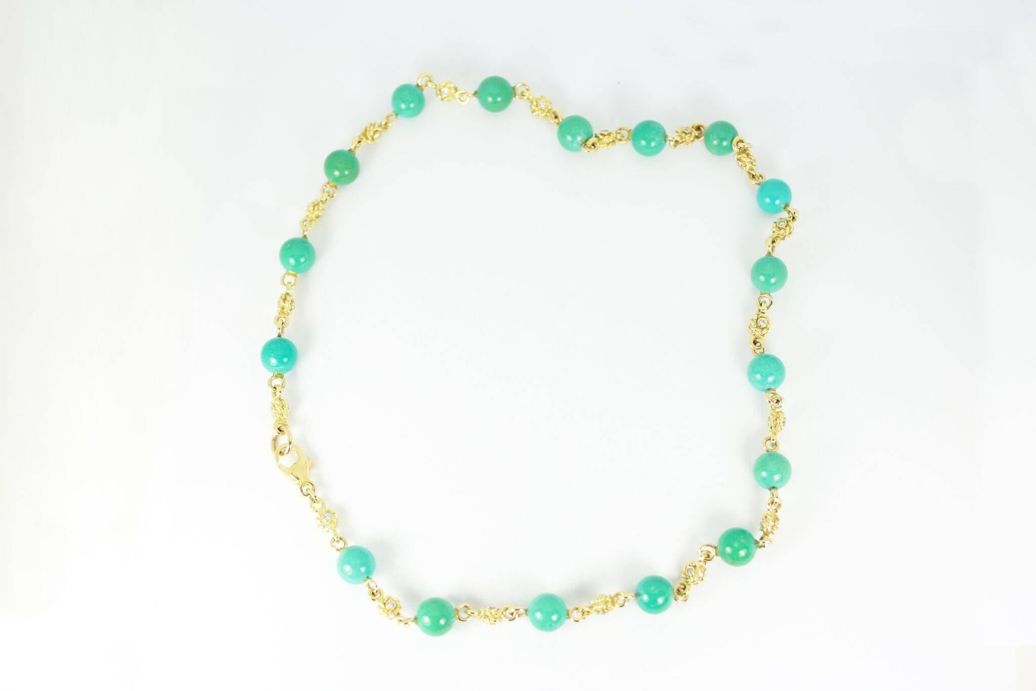 Short beaded turquoise necklace, embellished with diamonds.