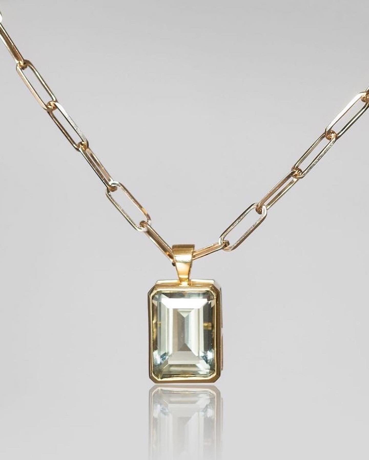 12ct Green Amethyst Pendant on 14k Gold Paperclip Chain  For Sale