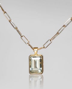 Antique 12ct Green Amethyst Pendant on 14k Gold Paperclip Chain 