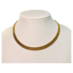 18k Solid Yellow Gold Flat Weave Necklace, Vintage Italian 
