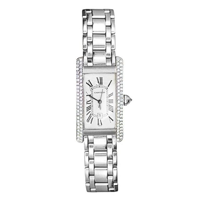Cartier Lady's White Gold Diamond American Tank Wristwatch