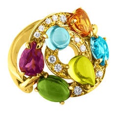 Bulgari Cerchi Multicolored Stone Diamond Gold Cocktail Ring