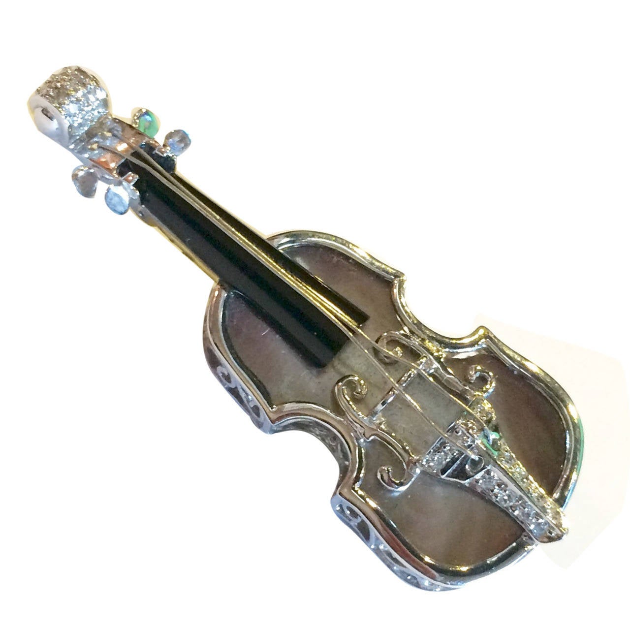 Mother of Pearl Onyx Diamond Gold Violin Pin