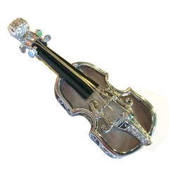Mother of Pearl Onyx Diamond Gold Violin Pin